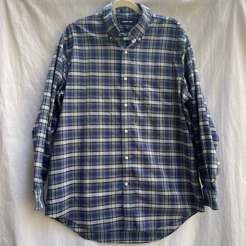 Lands’ End Men’s 16.5 34 Supima No Iron Oxford Plaid Button Down Shirt Blue
